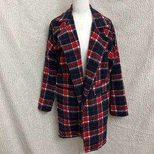 PPLA Plaid Peacoat Jacket Navy Blue White Red Flannel Open Front Size Small